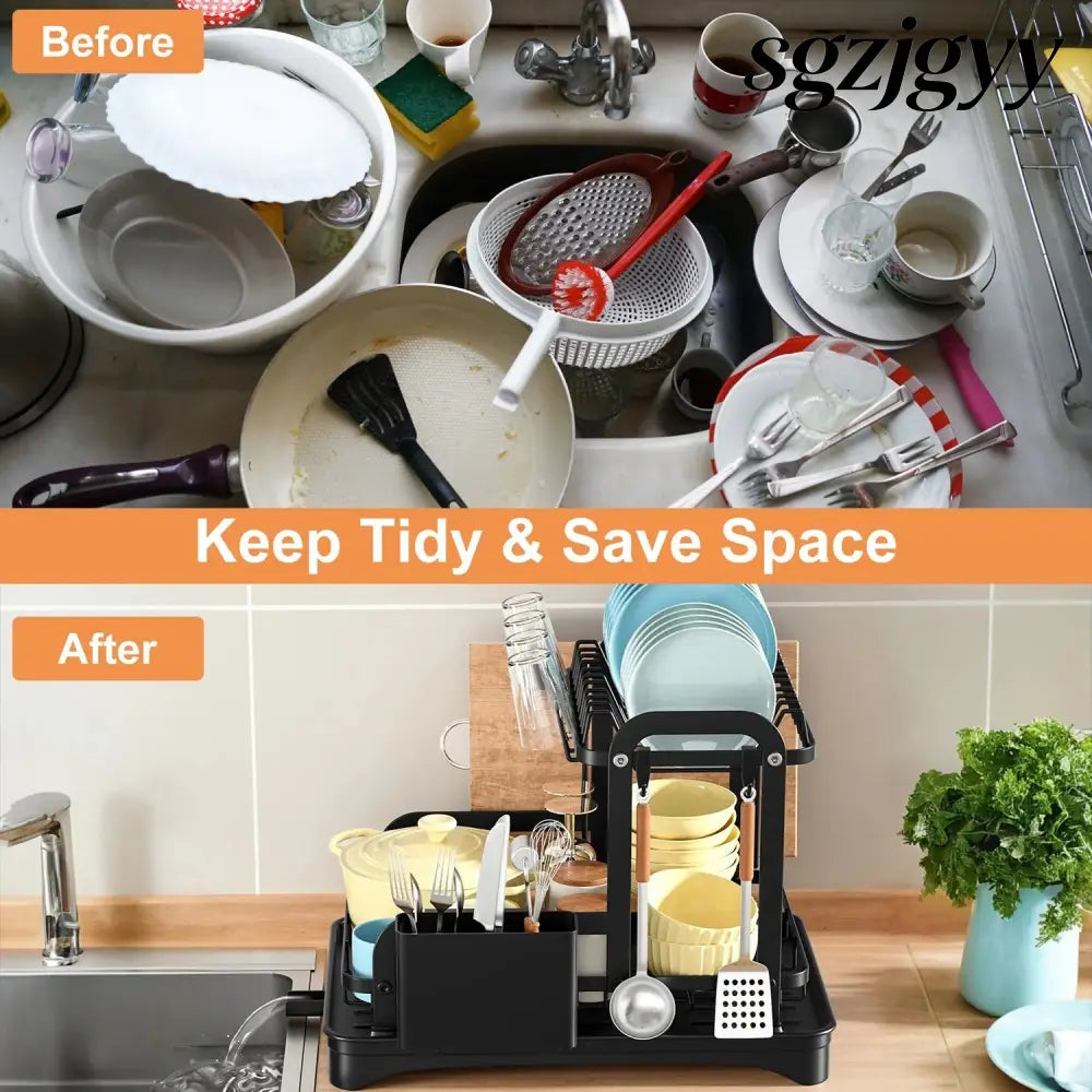 2-Tier Dish Drying Rack with Drainboard & Utensil Holder - Black - Kitchen Gadgets