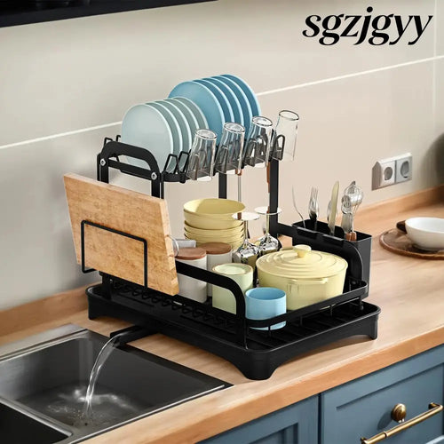 2-Tier Dish Drying Rack with Drainboard & Utensil Holder - Black - Kitchen Gadgets