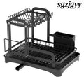 2-Tier Dish Drying Rack with Drainboard & Utensil Holder - Black - Kitchen Gadgets