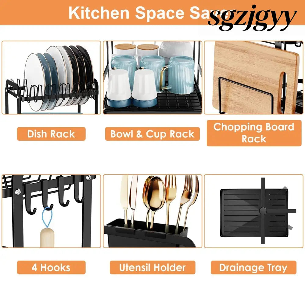 2-Tier Dish Drying Rack with Drainboard & Utensil Holder - Black - Kitchen Gadgets
