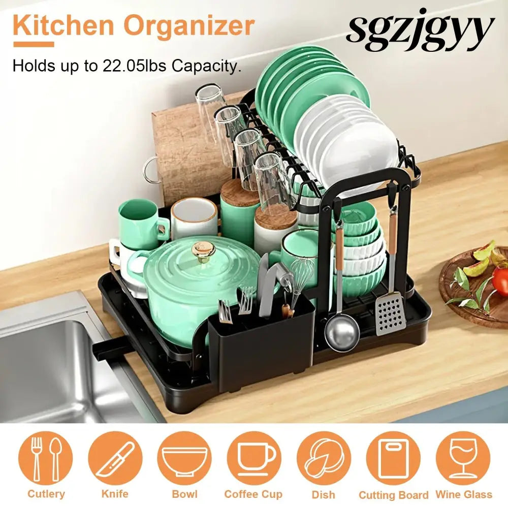 2-Tier Dish Drying Rack with Drainboard & Utensil Holder - Black - Kitchen Gadgets