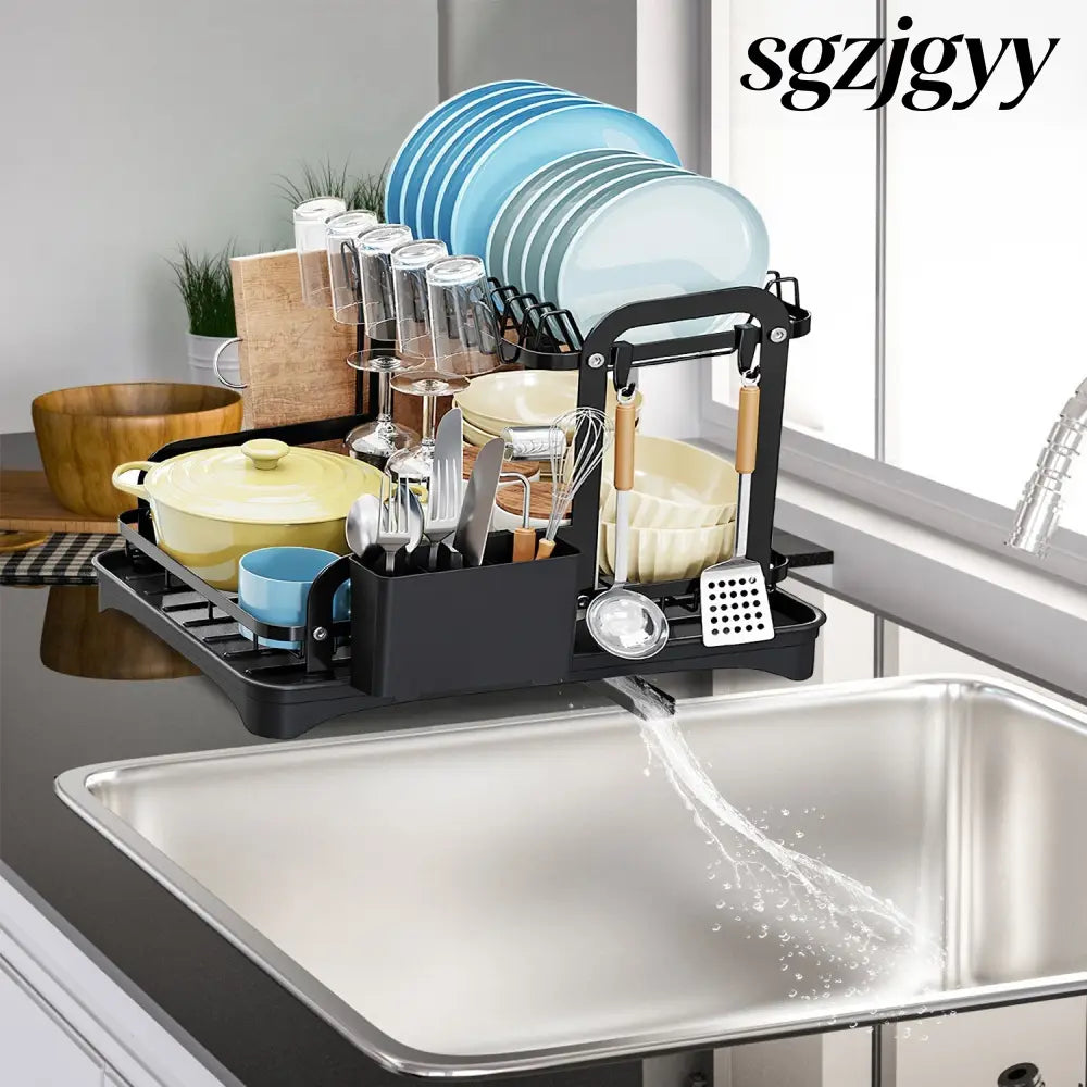 2-Tier Dish Drying Rack with Drainboard & Utensil Holder - Black - Kitchen Gadgets