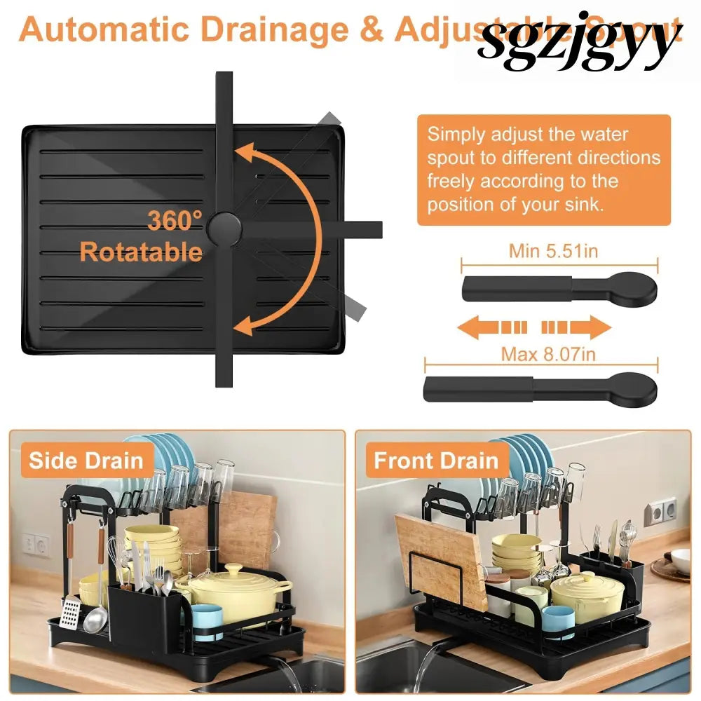 2-Tier Dish Drying Rack with Drainboard & Utensil Holder - Black - Kitchen Gadgets