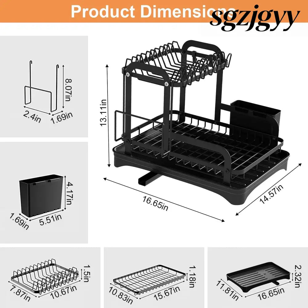 2-Tier Dish Drying Rack with Drainboard & Utensil Holder - Black - Kitchen Gadgets