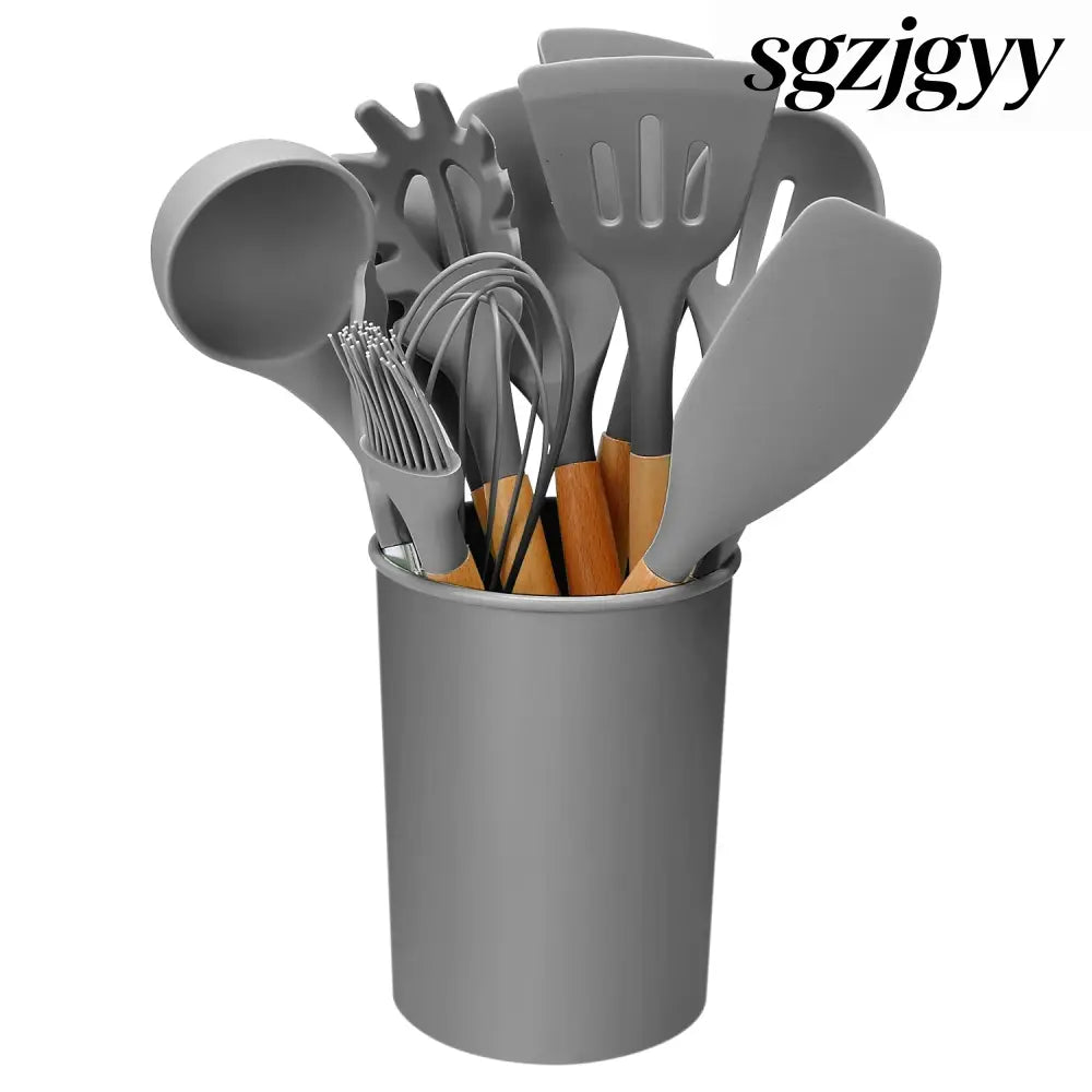 Silicone Cooking Utensil Set With Holder - 11Pcs - Grey - Cooking Grinder
