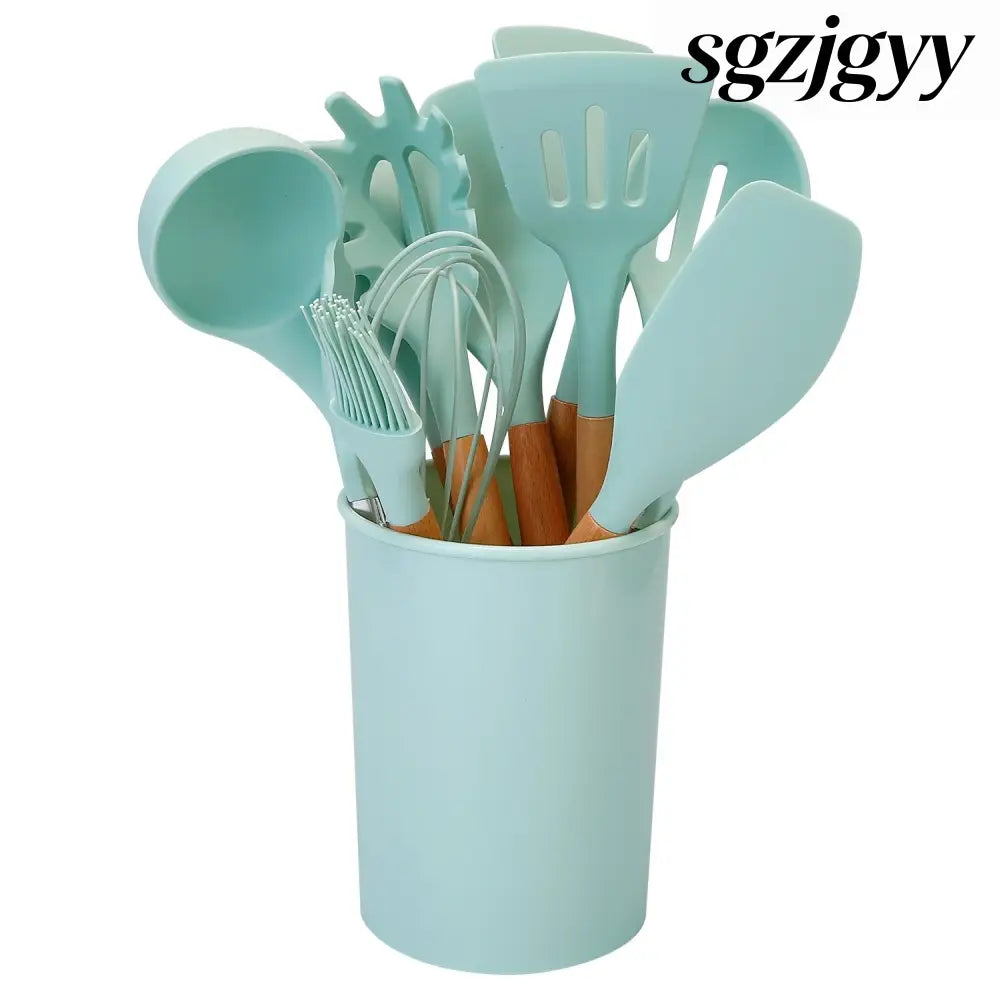 Silicone Cooking Utensil Set With Holder - 11Pcs - Light Green - Cooking Grinder