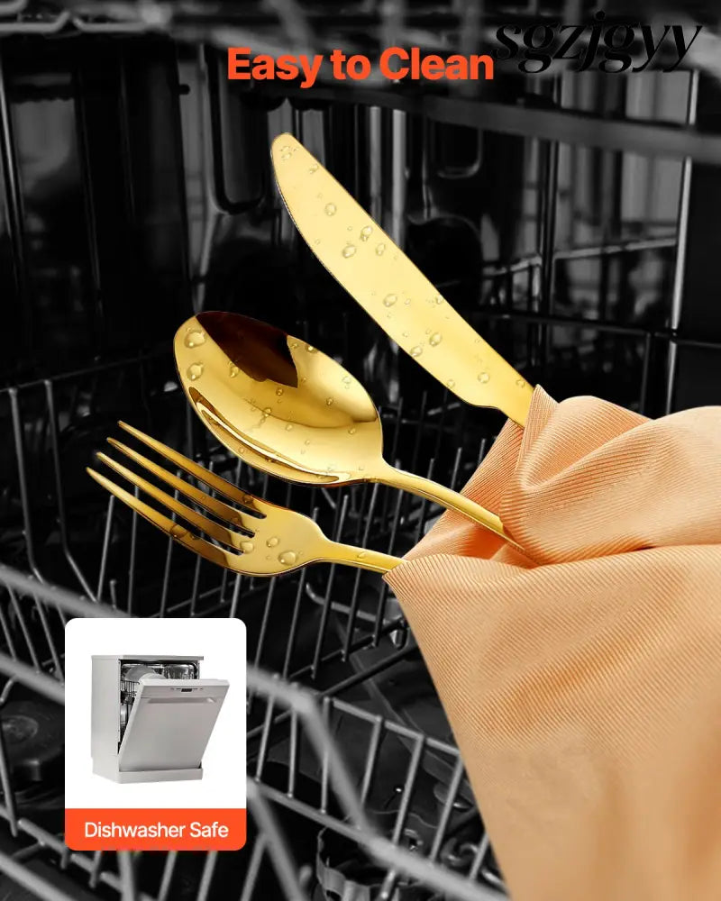 Silverware Set Stainless Steel Cutlery Flatware Utensil Kitchen 100-Piece - Golden - Kitchen Gadgets