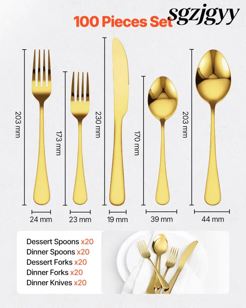 Silverware Set Stainless Steel Cutlery Flatware Utensil Kitchen 100-Piece - Golden - Kitchen Gadgets