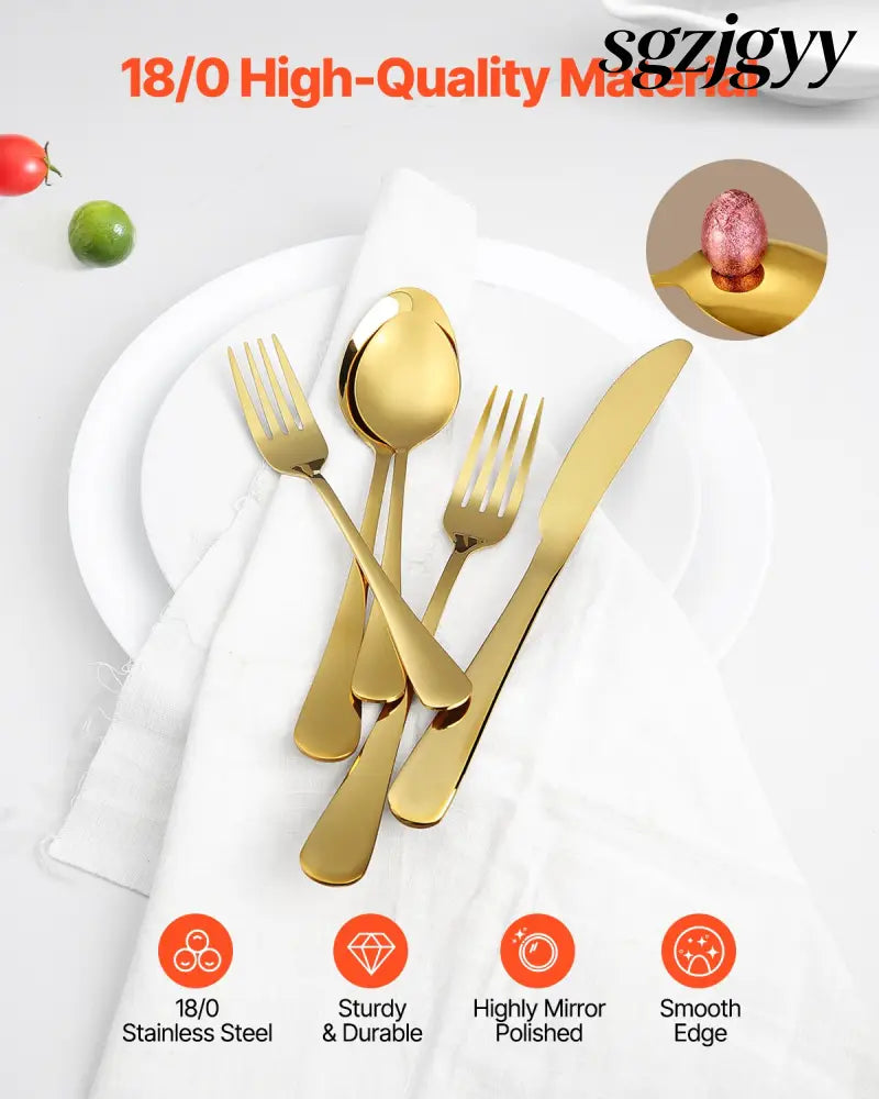 Silverware Set Stainless Steel Cutlery Flatware Utensil Kitchen 100-Piece - Golden - Kitchen Gadgets
